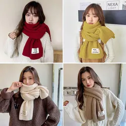 Winter Warm Pure Color Knitted Scarf Label Wool Couple Scarf INS All-match Korean Version Couple Muffler Striped Neck Scarf