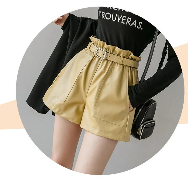 Yellow belt Женские шорты из искусственной кожи, шорты с карманами, высокая талия, широкие Короткие штаны с ремнем - Цвет: Yellow belt