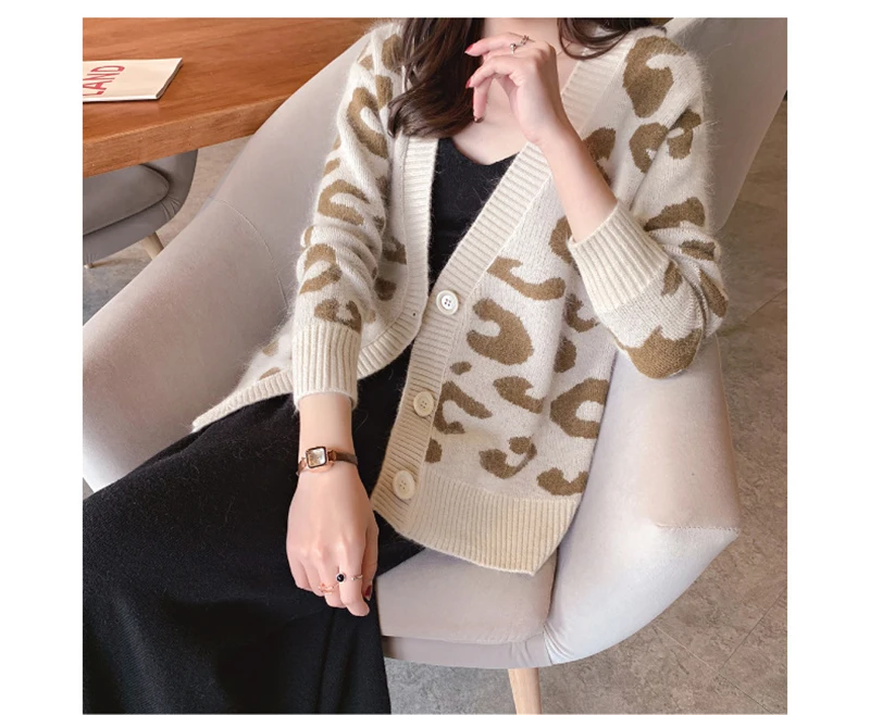 Decote em v Solto Leopardo Único Breasted Malha Cardigan Moda Feminina Contraste Cor Camisola Cabolsa Estilo Coreano Superior Surcoat Feminino 6 Moda Feminina