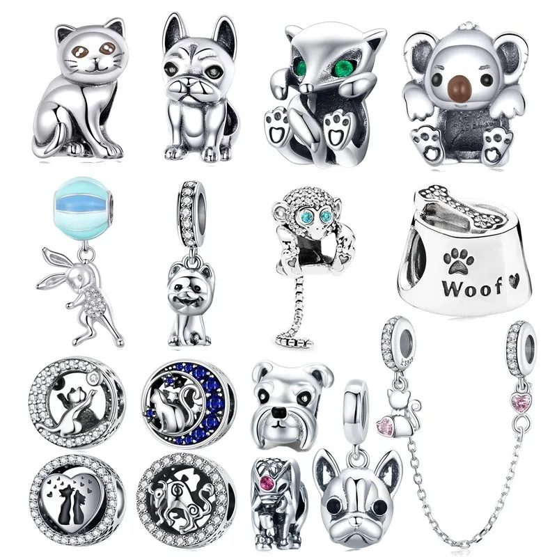 Fit Pandora браслет серебро 925 CZ луна Кот бусины собаки S925 лиса кролик обезьяна коала Медведь Подвески-талисманы с домашними животными для изготовления ювелирных изделий