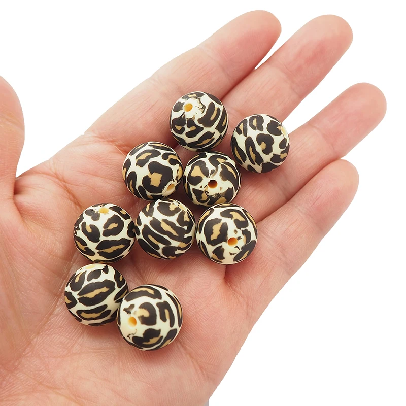 Chenkai 10PCS 15MM Silicone Leopard print Beads Baby Round Shaped Beads Teething BPA Free DIY Sensory Chewing Toy Accessories