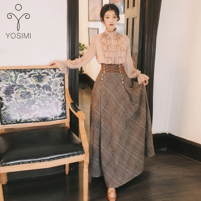 

YOSIMI 2019 Autumn Winter Long Sleeve Blouse Top and Woolen Plaid Skirt and Top Set Suit Women Two Piece Outfits Sweater Skirt