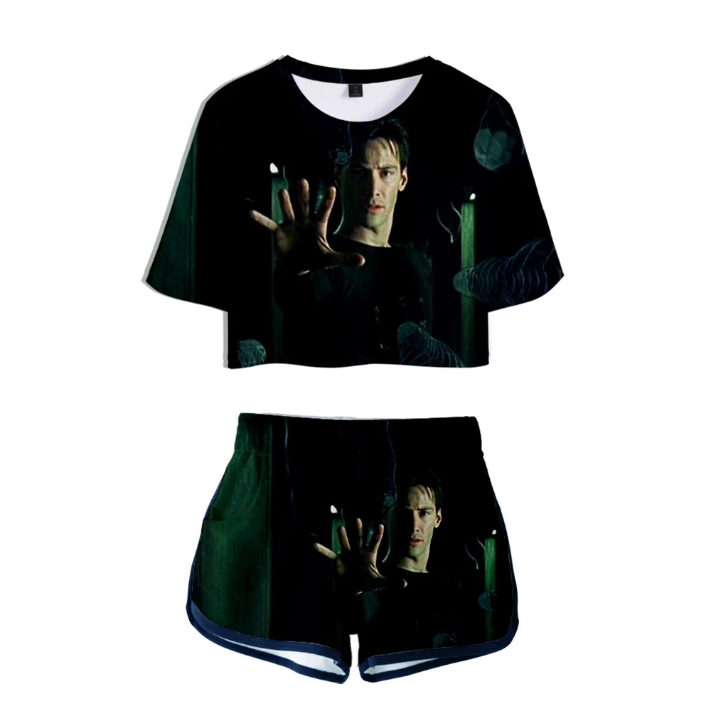 2019 New women Fashion Two Pieces Sets The Matrix print T Shirts+Shorts Suit   Tops Tees Fashion Tshirt High Quality clothing