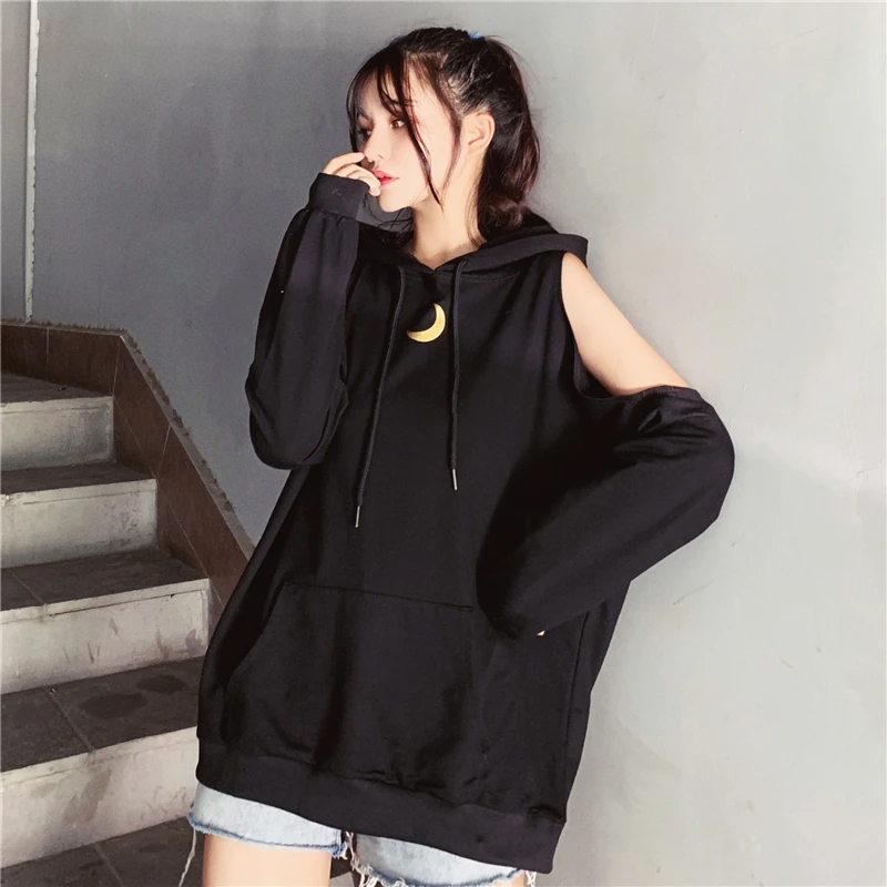 Черный Ulzzang корейские модные сексуальные толстовки без бретелек женские осенние Топы Harajuku пуловер с принтом Луны свободная длинная школьная уличная одежда - Цвет: Черный