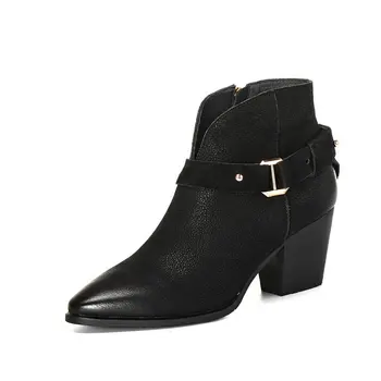 

Genuine Leather thick heels Boots Women Autumn Winter Basic Shoes Woman Pointed Toe Plus Size Short Boots Classic Woman Boots