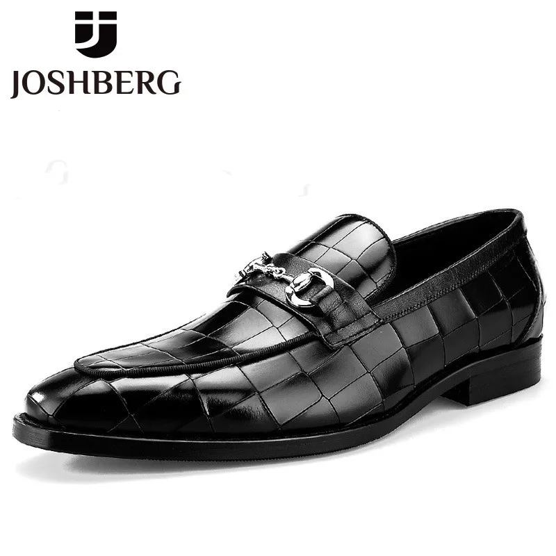

JOSHBERG Luxury Brand Plaid Mens Dress Shoes Unique Non-Slip Wedding Shoes Slip-On Cow Leather Business Wedding Office Shoes