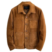 Коричневая мужская повседневная кожаная куртка размера плюс XXXXL Натуральная воловья замша русская Осенняя приталенная кожаная куртка