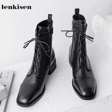 Lenkisen/Винтажные зимние теплые женские ботильоны из натуральной кожи в британском стиле, со шнуровкой, с круглым носком, на среднем каблуке, с боковой молнией, L59