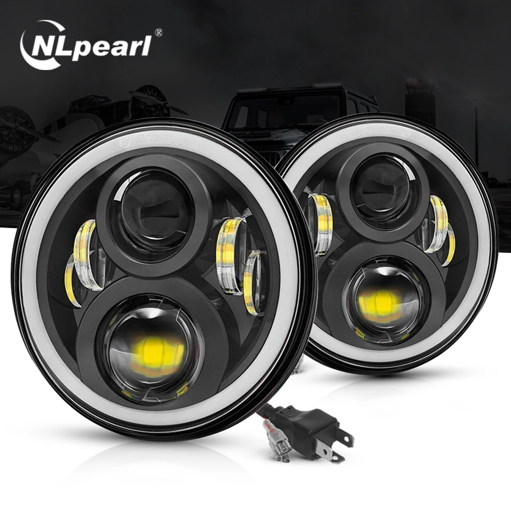 NLpearl 7inch Led Headlight Hi/Low H4 Light Halo Angle Eyes Led Headlamp For Lada Niva Urban Jeep Wrangler Off Road 4x4 12V 24V