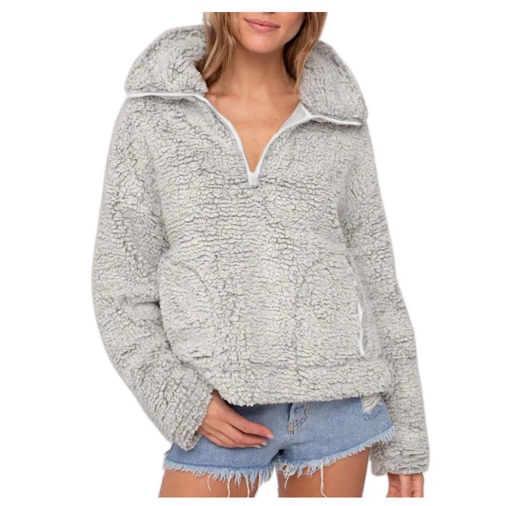 

KLV sweater women свитер Women Solid Faux Fur Turndown Plush Zipper Pocket Splice Pullover Top free shipping D4