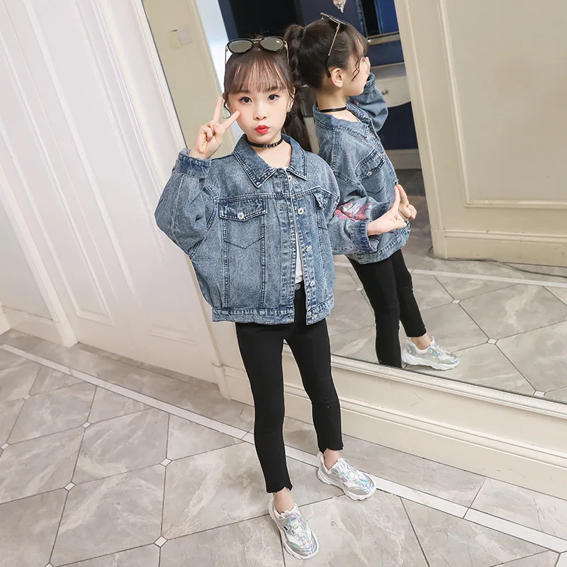 

Children Spring And Autumn Unicorn Jeans Coat Nap Sequin Lettered Korean-Style Fashion Comfortable Short Jeans Coat