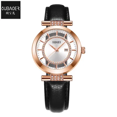 OUBAOER женские модные роскошные женские кварцевые часы Montre Femme нарядные часы из натуральной кожи наручные часы женские часы для подарка - Цвет: Черный