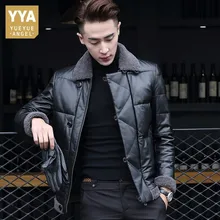 Лидирующий бренд, мотоциклетная байкерская куртка с шерстяным воротником, мужской пуховик, приталенный, натуральная кожа, зимняя теплая парка, деловая мужская верхняя одежда, пальто