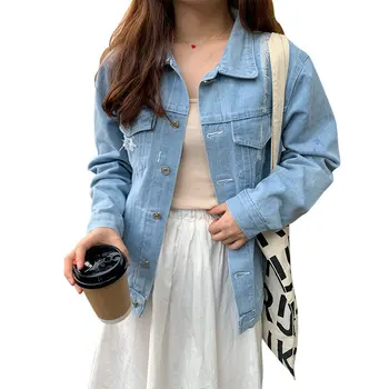 

2019 Autumn Women Chic Hole Denim Jackets Turn-down Collar Lady Classic Casual Outerwear Fashion Coat jeans jacket women