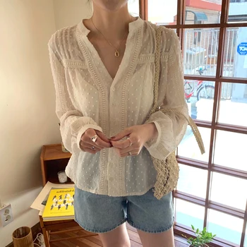 

COIGARSAM Full Sleeve Shirt Womens tops Patchwork Polka Dot Single Breasted V-Neck Women shirts White Black Apricot 2170