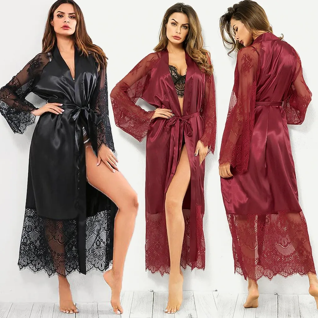 

Dropshipping Women Sexy Satin Kimono Robe Bathrobe Lingerie Sleepwear female Belt Simulation silk lace long sleeve dressing gown