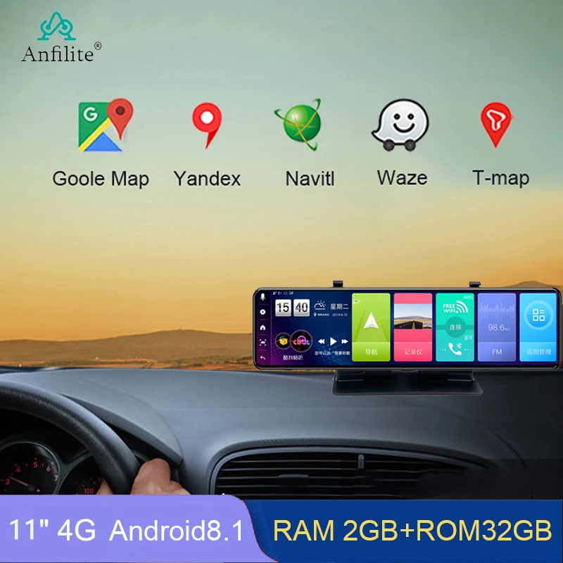 11&quot Car Mirror Android8.1 4G DVR Triple Screen Dash Camera WiFi GPS ADAS Dual Lens Remote Video Recorder Surveillance | Автомобили и