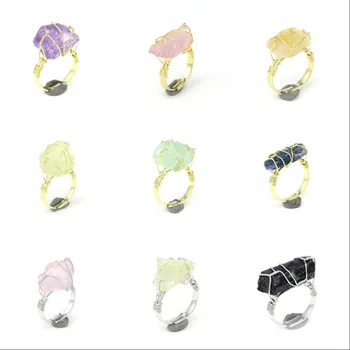 

KFT Natural Healing Raw Irregular Crystal Quartz Stones Wire Wrapped Finger Rings For Women Men Adjustable Stone Ring Jewelry