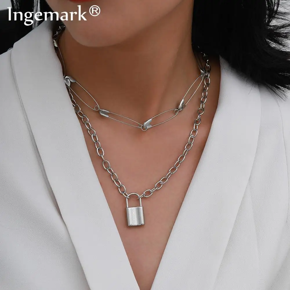 

Unique Lover Lock Paper Clip Chain Pendant Necklace High Quality Punk Silver Color Padlock Cuban Necklace Collier Women Jewelry