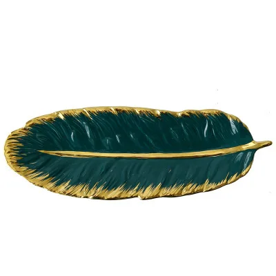 Luxury Ceramic Platter Storage Tray Glod Rim Green Leaf Glod Feather Jewelry Makeup Brush Storage Decorative Sushi Plate jewelry tray,ceramic egg storage tray
