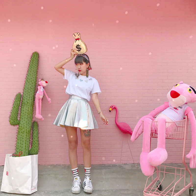 Ulzzang блестящая флуоресцентная металлическая Серебряная новая юбка-зонтик Сексуальная психоделическая Harajuku Лазерная индивидуальная Женская юбка с высокой талией