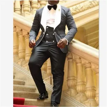 

Veiai Men Suit Black White dots Groom Groomsmen Tuxedos Formal Slim Fit Business 3 Piece(jacket+pants+vest) custom Ternos