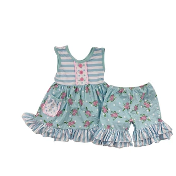 

Popular short sleeve floral baby girl ruffle suit kids wearing clothing