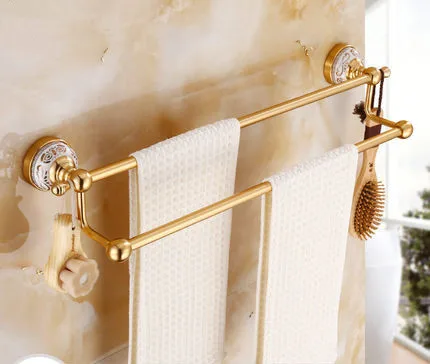 Double towel bars Набор аксессуаров для ванной комнаты, алюминиевый резной держатель для полотенец цвета шампанского и золота, держатель для полотенец/кольцо, держатель для туалетной щетки, угловая полка, держатель для бумаги - Цвет: Double towel bars