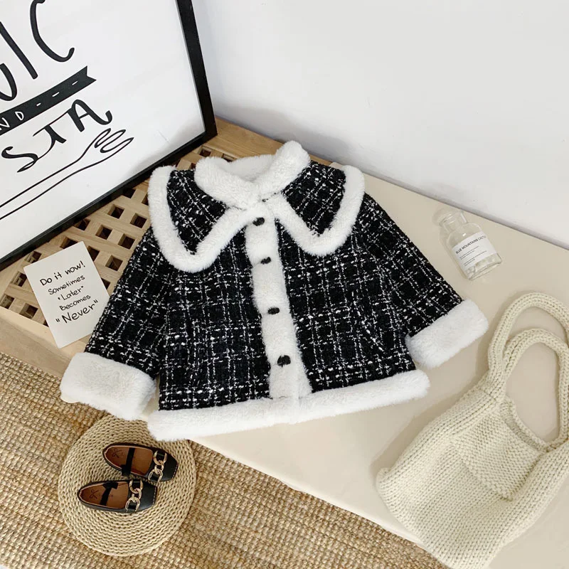 

Girls Woolen Jacket Autumn And Winter 2020 New Style chao yang Gas Baby Thick Jacquard Trench Coat Graceful Plaid Overcoat