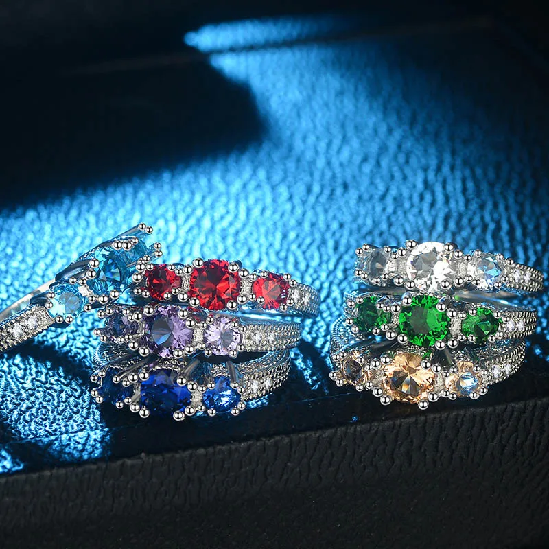 Silver 925 Jewelry Round Gemstones Ring For Women Zircon Ruby Amethyst Emerald Citrine Sapphire Aquamarine Size5-10