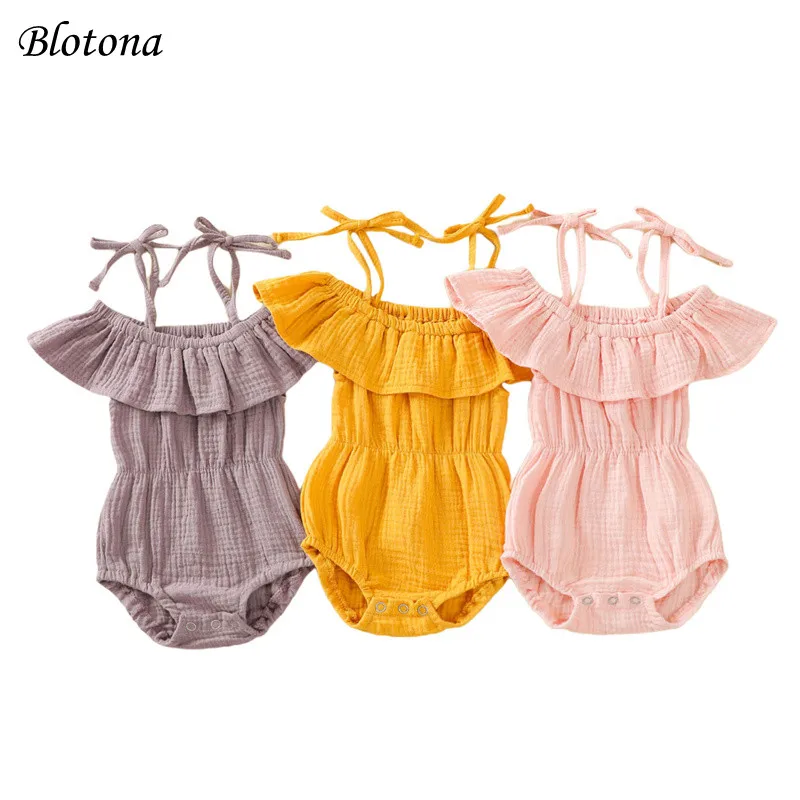 

Blotona Baby Girl Cotton Linen Ruffle Romper, Summer Sleeveless Off Shoulder Solid Color Boat Neck Spaghetti Strap Playsuit