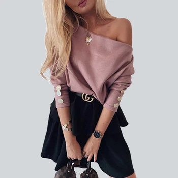 

2019 New Sexy Off Shoulder Knitted Sweater Women Fashion Pullovers Knitwear Autumn Winter White jumper Hot Sales Wholesale
