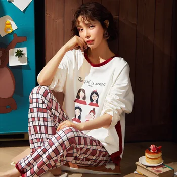 

Women's Pajamas Set Home Wear White Print Top + Dark Red Plaid Shorts Loose Two-piece Autumn Nightwear