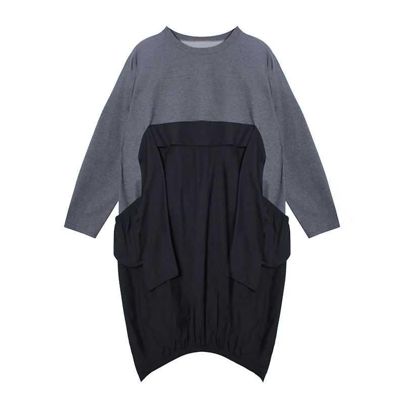 [EAM] Women Gray Contrast Color Big Size Dress New Round Neck Long Sleeve Loose Fit Fashion Tide Spring Autumn 2020 1DA259