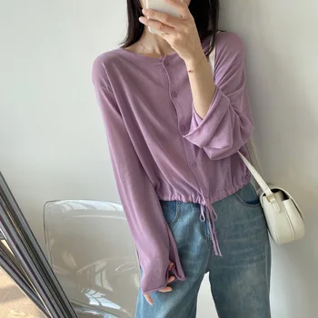 

2020 Summer Cute Crop Sweater Cardigan Women Street Style Single-Breasted Drawstring Design Long Sleeve Thin Knitted Shirt Tops
