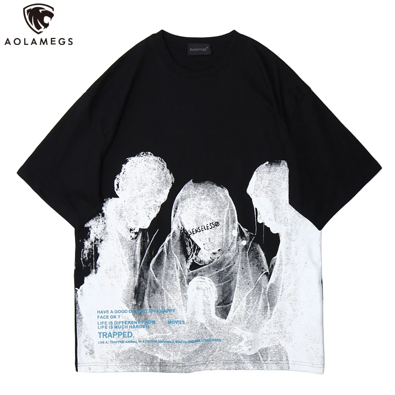 

Aolamegs Men X-Ray Portrait Vintage Printed T-Shirts Summer Harajuku High Street Cargo Punk Casual Male Tees Fashion Streetwear