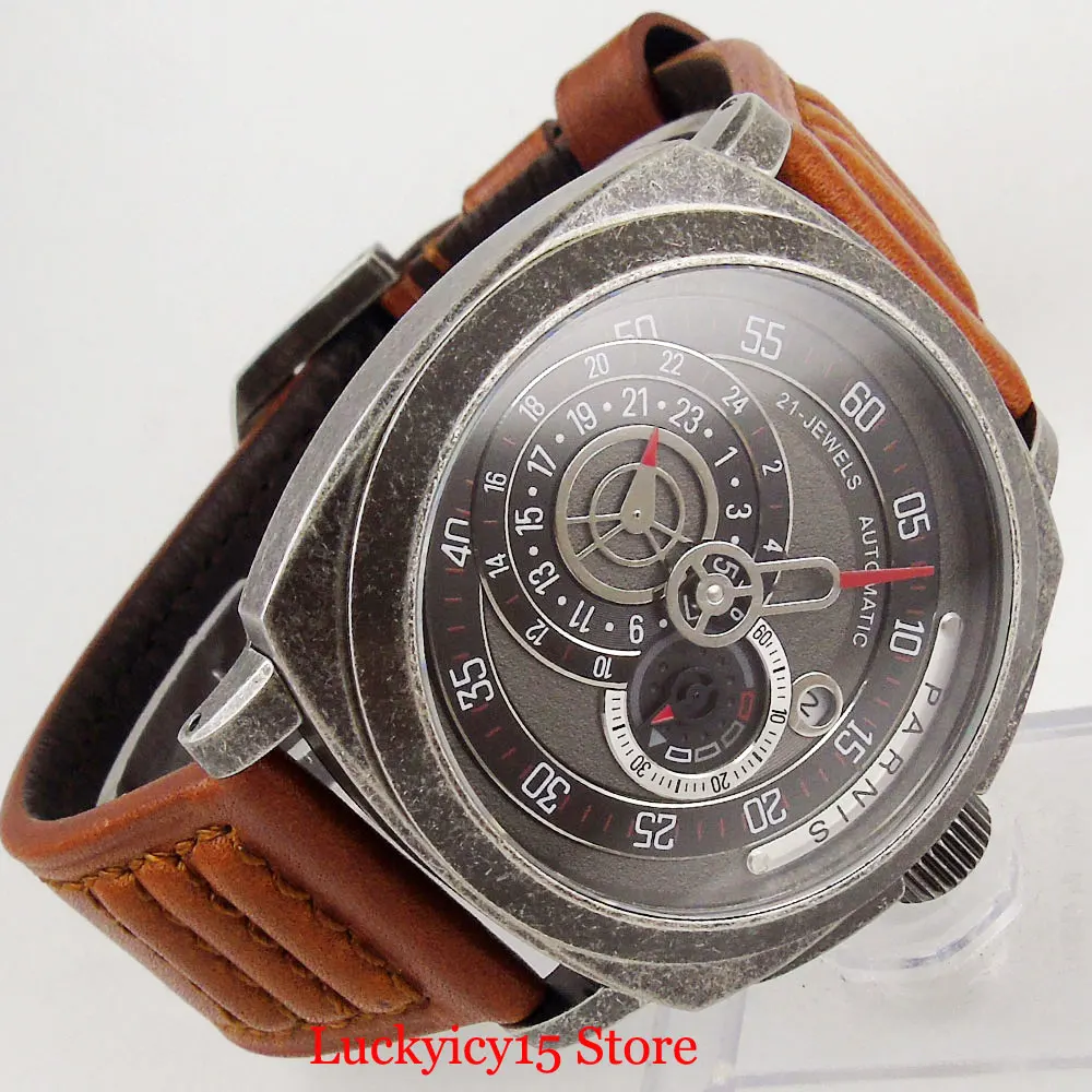 PARNIS Luxury Military Style Square Automatic Men Watch 24 Hours Date Indicator Self Winding Moveme