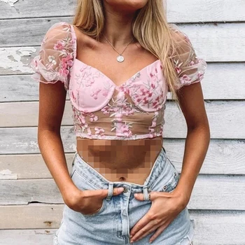 

Sexy Crop Tops Embroidery See-Through Women Summer Puff Sleeve Strapless Tank Tops Slim Mesh Patchwork Short Pink Tops