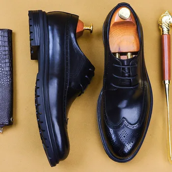 

Luxury Classic Mens Brogue Oxfords Dress Shoes Genuine Cow Leather Black Brown Lace Up Male Formal Footwear Wedding Party EU 44