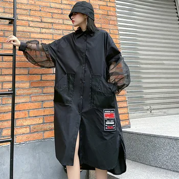 

High Street Pattern Patch Pockets Shirt Dress Midi Women Fashion New Women Plus Size Elegant Mesh Sleeve 2020 Spring SA149S30