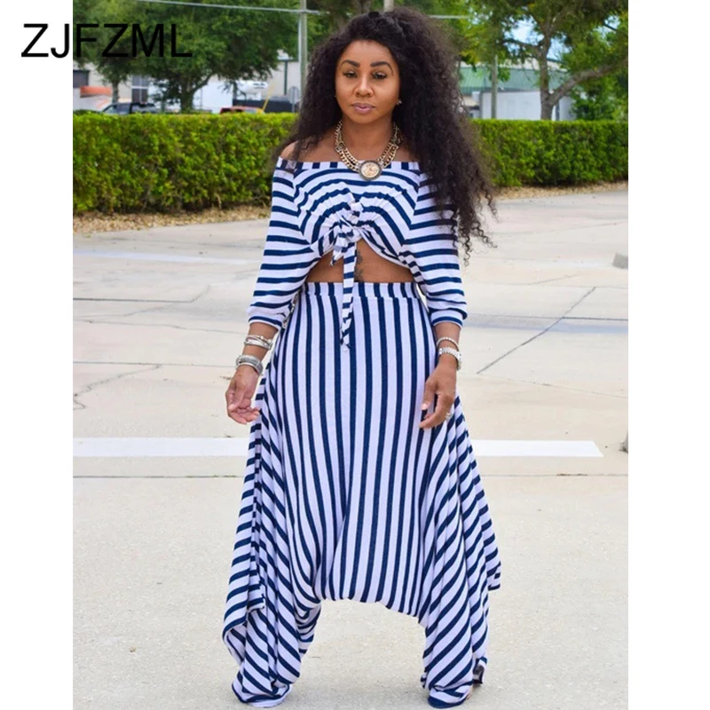 

Stripe Causal 2 Piece Sweatsuit Women Off Shoulder Long Sleeve Tie Bow Crop Top + Loose Cross-pants Plus Size Ladies Tracksuits