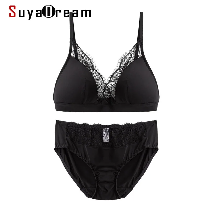 

SuyaDream 2021 Bra Set 100%Real Silk and Lace Wire Free Comfort Bras and Panties Thin padding Healthy Underwears