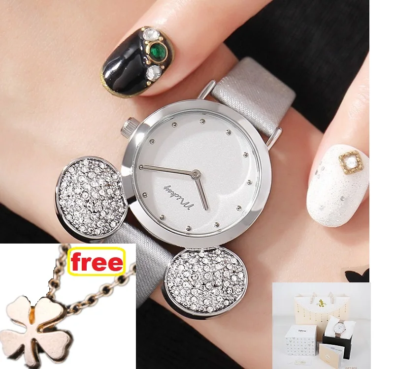 Disney брендовые модные наручные часы для девочек из натуральной кожи с большим ухом Микки Маус наручные часы Кварцевые водонепроницаемые часы Citizen Movement - Цвет: SILVER -BOX GIFT