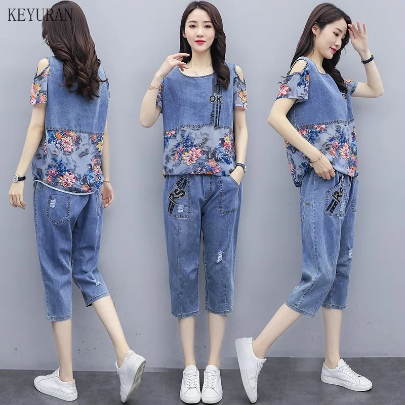 

Denim 2 Piece Set Women Outfits Off Shoulder Print Floral Plus Size Two Pieces Jeans Co-ord Top Pants Suits 2020 Summer Clothing