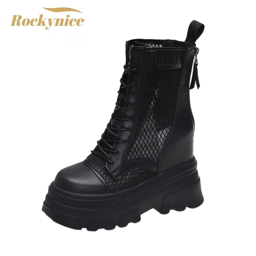 Botas Moteras Tobilleras de Malla Transpirable con Tacón para Mujer, Botines de Suela Gruesa con Cremallera de Estilo Punk, Sexy, con Agujeros, a la Verano|Botas hasta tobillo| - AliExpress