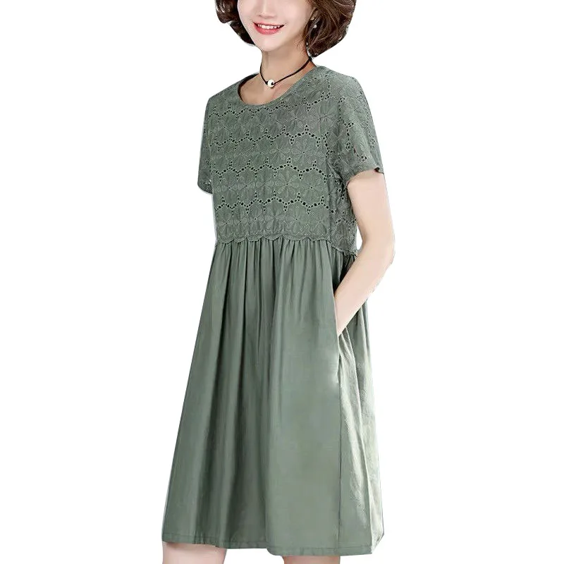 

New Simple Short Sleeve and Knee Cotton Women's Wear Summer Loose Leisure Short Sleeve O-collar Medium-length Dress SS640