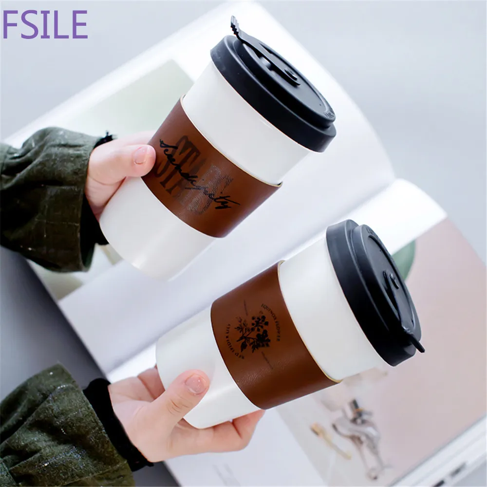 

Creative Ceramic Mug With Leather Cup Cover Letter Flower Pattern Milk Coffee Portable Cups Household Office Drinkware 450ML