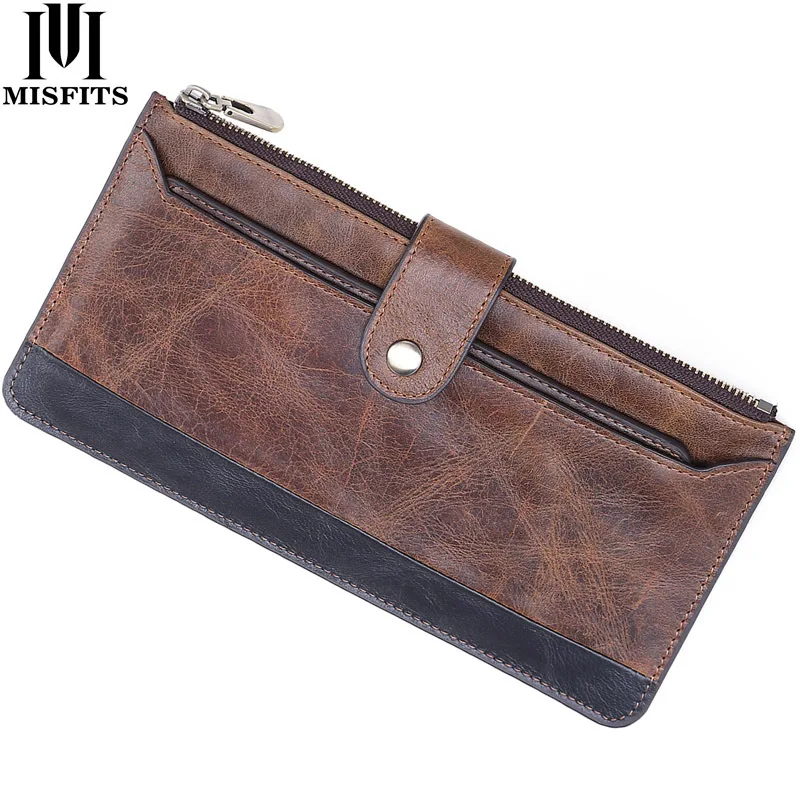 

MISFITS Vintage Men Long Wallet Genuine Leather Male Purse Clutch Wallet for Phone High Quality Card Holder Zipper Money Bag