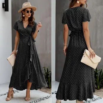 Summer Maxi Dress Women Polka Dot Sexy V Neck Ruffles Short Sleeve Holiday Long Beach