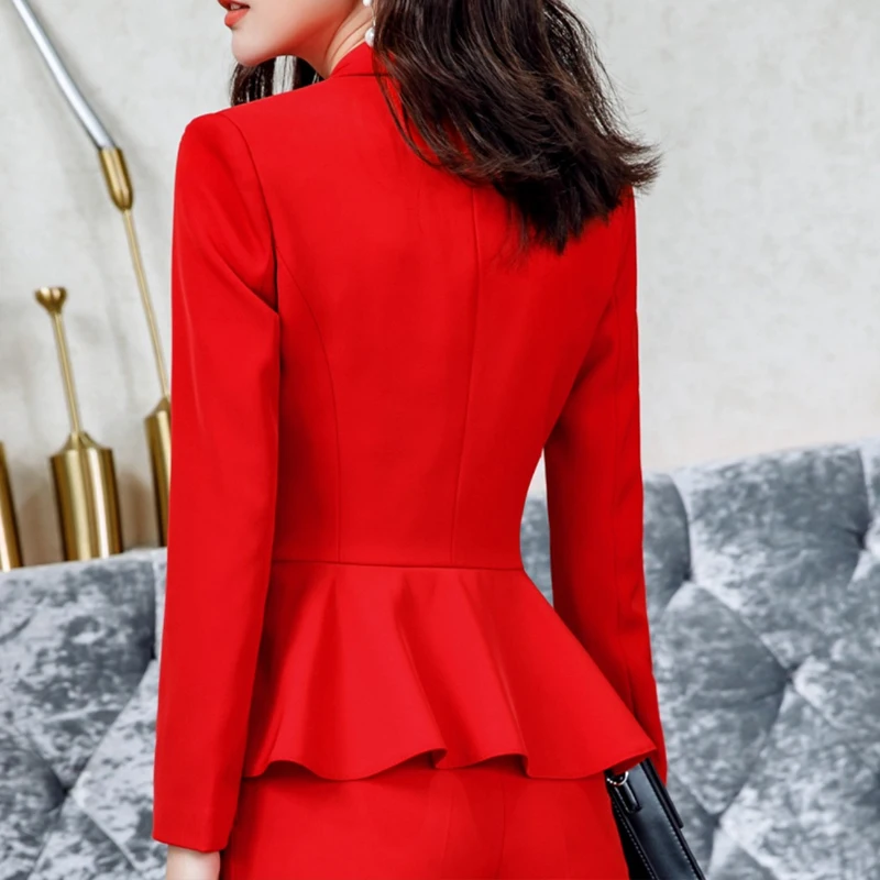 Красные женские костюмы офисные комплекты 2 шт. двубортный модный Дамский жакет Блейзер Верхняя одежда женские брюки костюмы slin fit